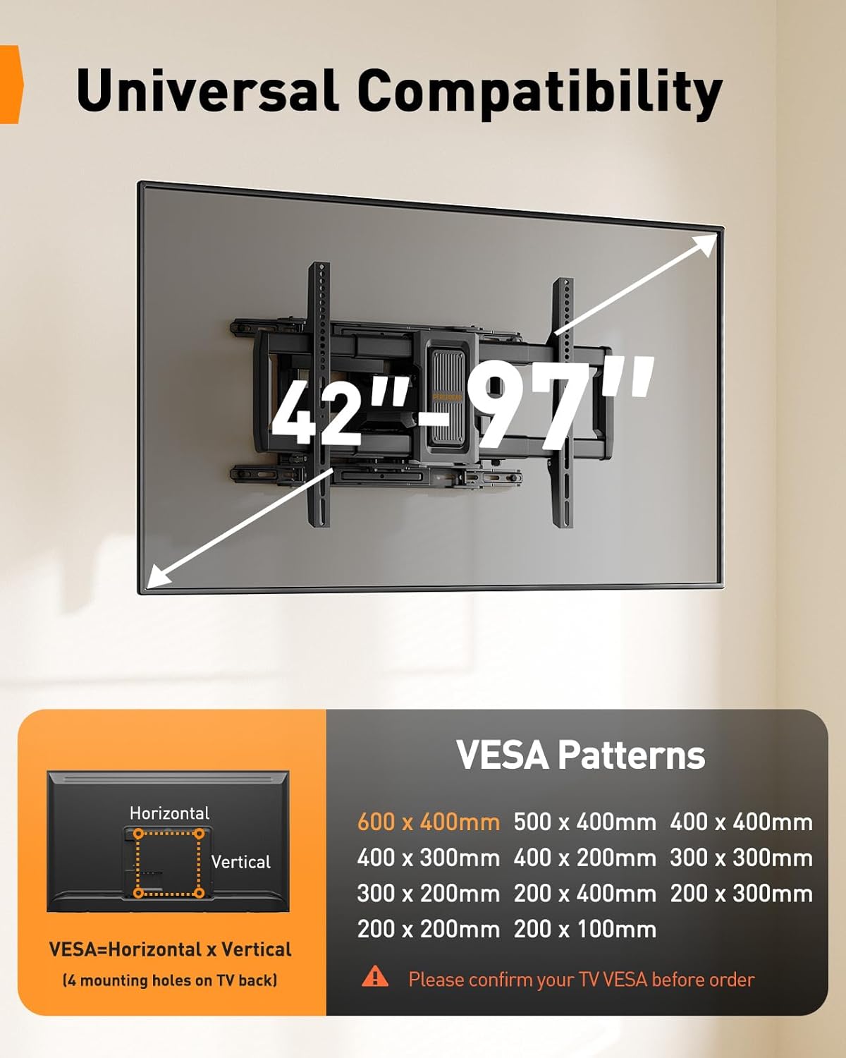 Perlegear Full Motion TV Wall Mount - Fits 42–97 Inch TVs Up to 132 lbs | Easy Setup, Swivel & Tilt
