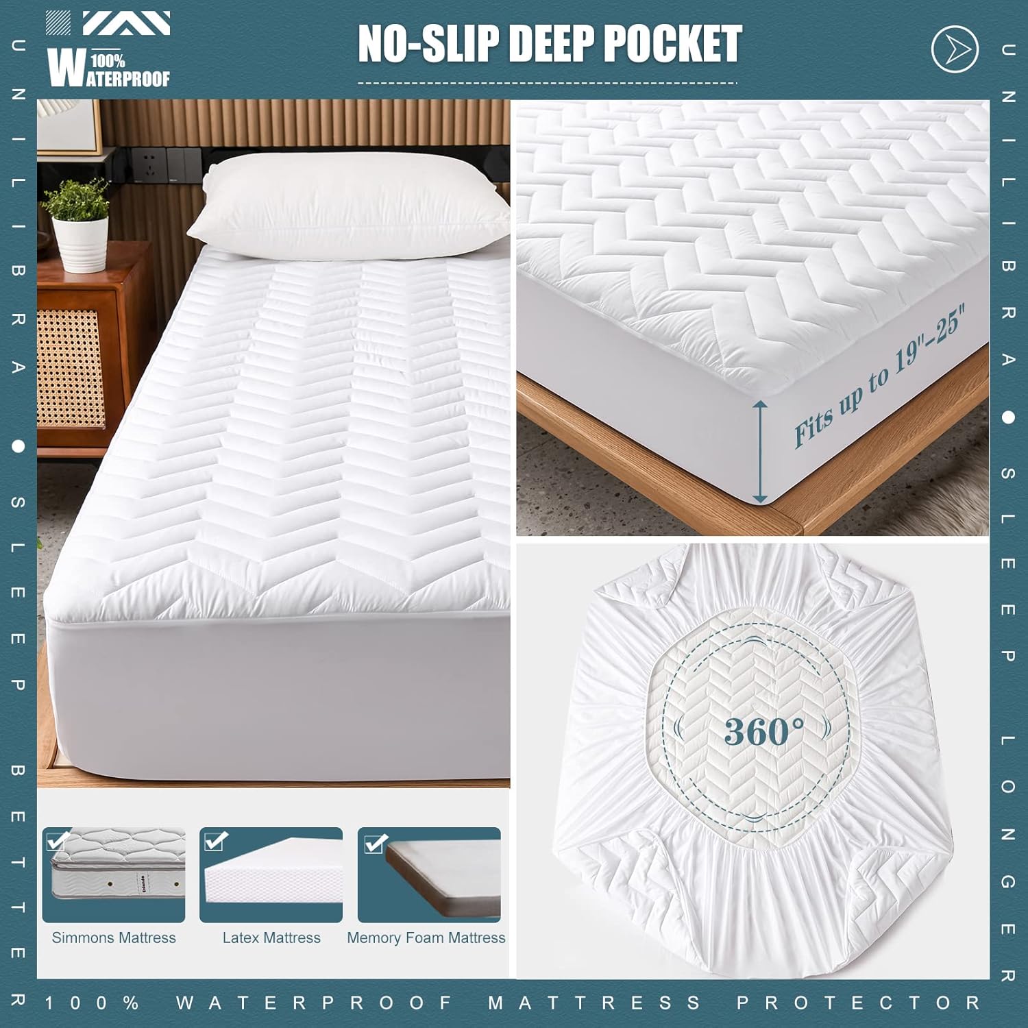 Skiennix Queen Size Waterproof Mattress Protector - Quilted, Breathable & Ultra-Soft | Fits 6''-25'' Mattresses - White