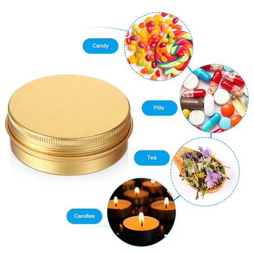 Patelai 72 Pcs 2 oz Aluminum Tins Salve Containers with Screw Lid and Labels Round Cans Travel Cosmetic Metal Tins Jar for Candles Lotion Bars Balms Food Spice Candies DIY Crafts(Gold)