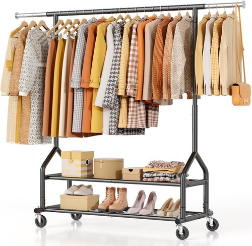 EAGMAK Heavy Duty Clothes Rack - Adjustable Rolling Wardrobe Organizer with Shelves | 556 LBS Capacity, Black