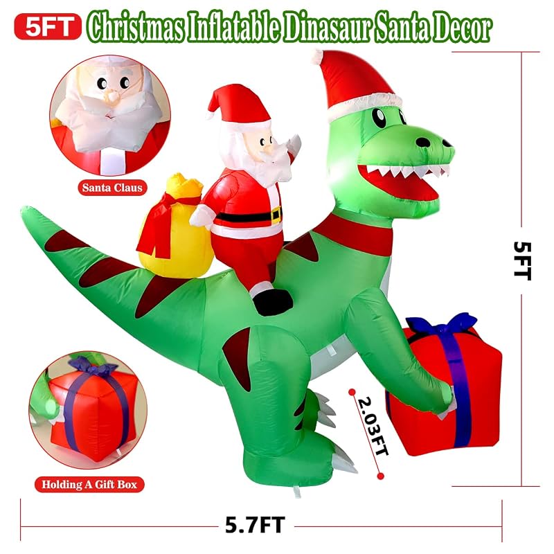 5 Ft Christmas Inflatable T-Rex Dinosaur with Santa Claus — Built-in LED, Easy Setup