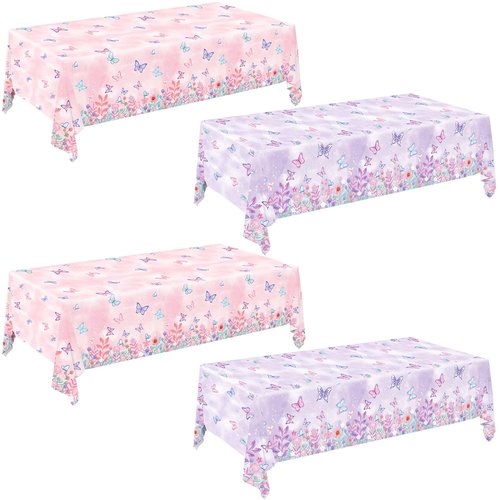 LINHAXM 4 Pack Butterfly Tablecloths, Butterfly Birthday Decorations for Kids' & Girls' Birthdays, Disposable Table Covers, 54 x 108 Inche