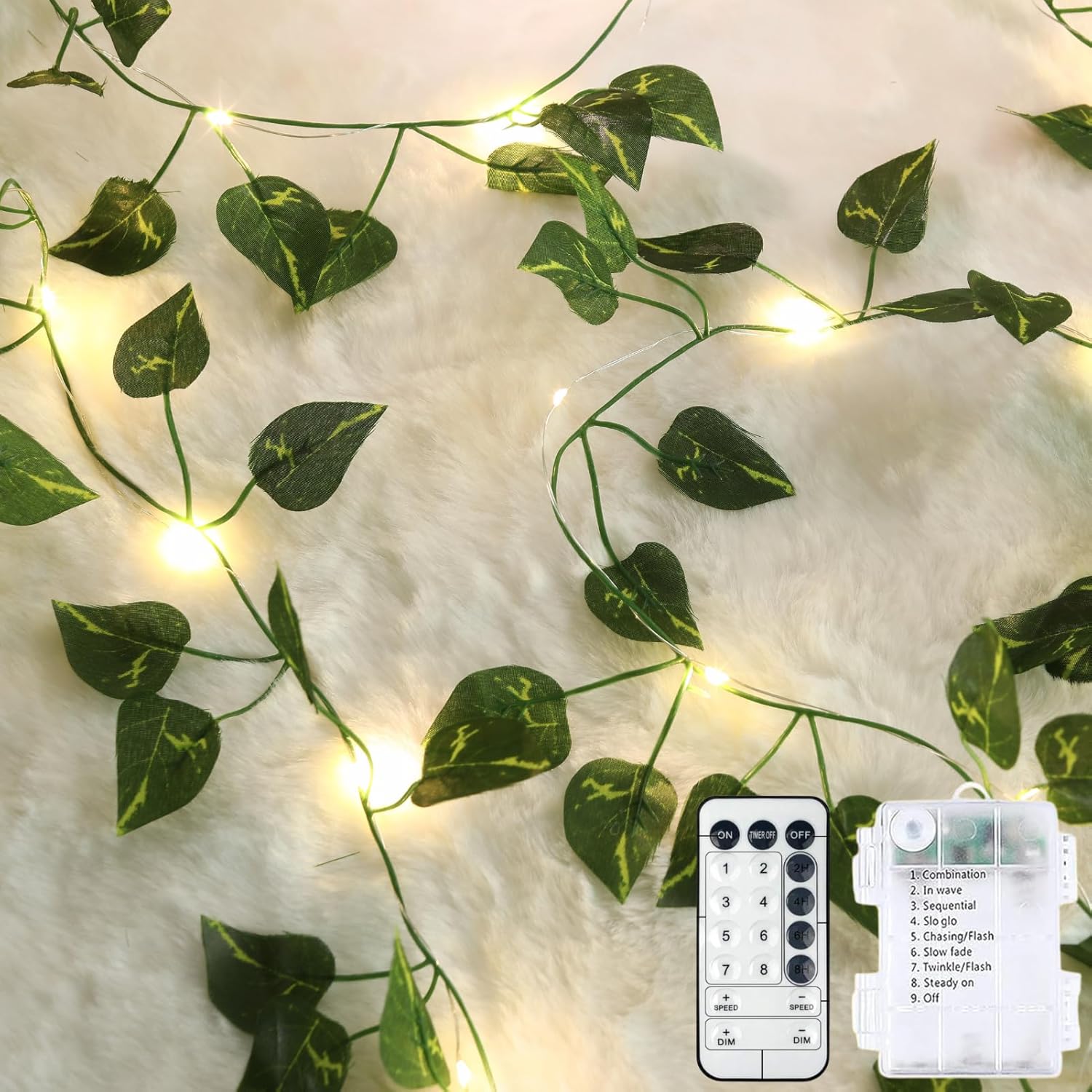 Skiennix 40ft LED Vine String Lights - 120 Fairy Lights with Timer & Remote | USB & Battery Operated - Warm White