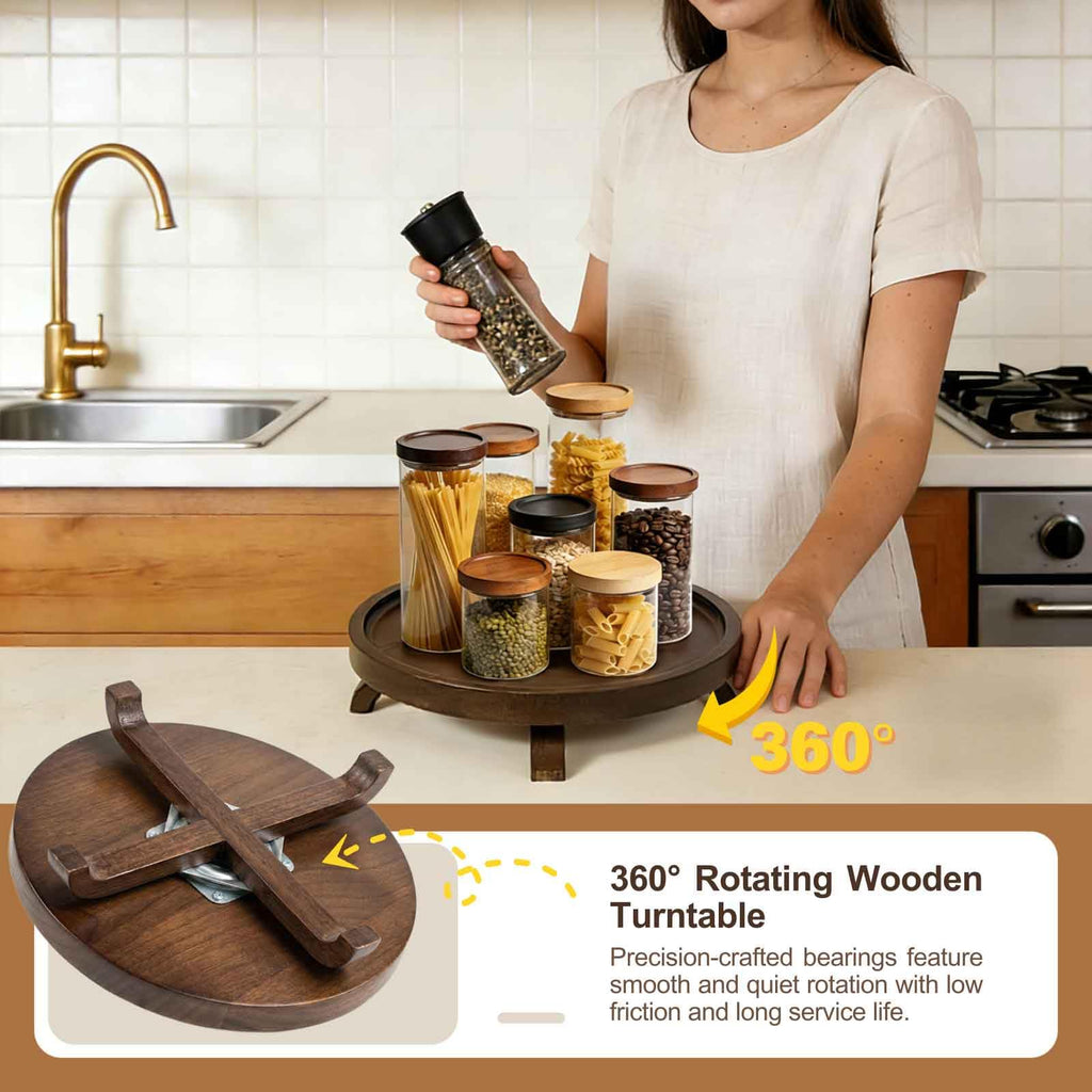 10" Solid Wood Lazy Susan Turntable Organizer for Cabinet, Pantry, Kitchen Countertop - Farmhouse Style with Raised Feet & Water-Resistant Coating, Rustic Bathroom Vanity Tray and Dining Table Decor