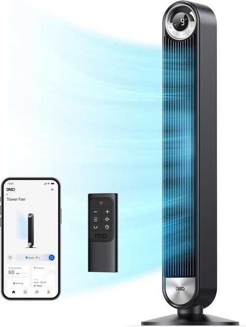 DREO Tower Fan - 90° Oscillating Standing Floor Fan with 28ft/s Velocity | 25dB Quiet Operation, 9 Speeds, Remote Control