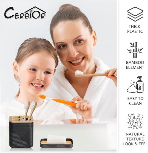 CERBIOR 6-Piece Bamboo Bathroom Accessories Set - Stylish Soap Dispenser, Toothbrush Holder & More | Black