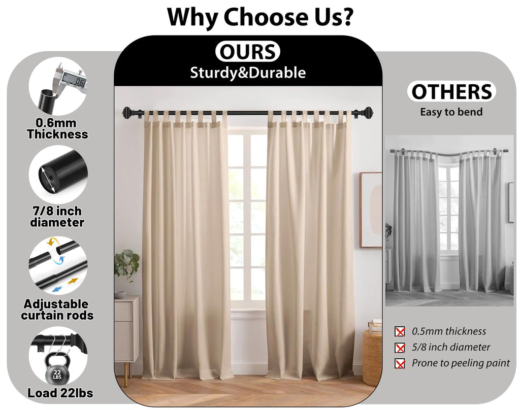 Adjustable Curtains Rods for Windows 48 to 84 Inch, USFOOK 7/8 Inch Splicing Single Curtain Pole Set, Decorative Drapery Rods 32 to 86 Inch for Home, Black Square Finials
