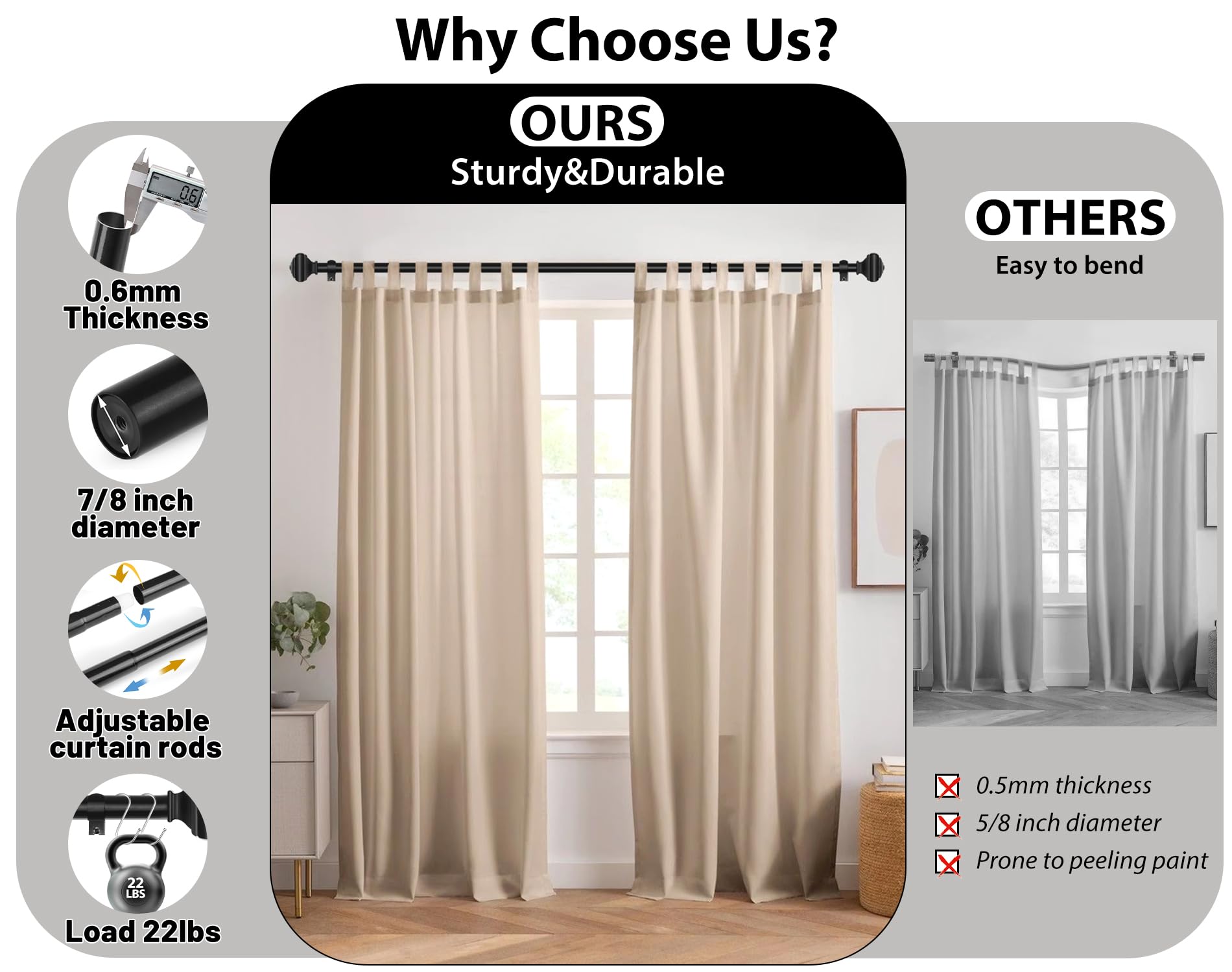 Adjustable Curtains Rods for Windows 48 to 84 Inch, USFOOK 7/8 Inch Splicing Single Curtain Pole Set, Decorative Drapery Rods 32 to 86 Inch for Home, Black Square Finials