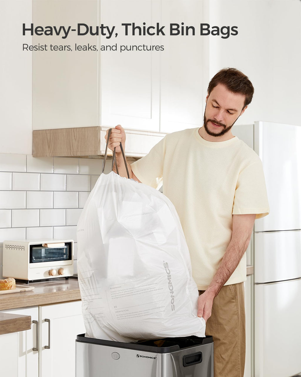SONGMICS Trash Bags for 12-14.5 Gallon (45-55L) Trash Cans,80 Count Drawstring Kitchen Garbage Bags, Pre-Separated, Liner Code 055A01, 2 Rolls,White UKRB055A02