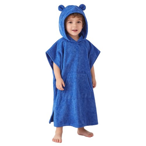 MissShorthair Towel Poncho for Kids, Hooded Beach Towel for Girl&Boy, Surf Poncho Swim Changing Robe Microfiber Bath Towel 7-10 Years Bear Blue