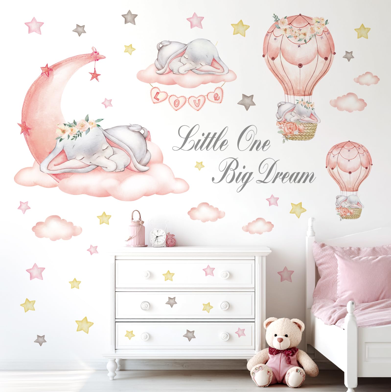 DECOWALL Dream Big Little One Wall Decals – Elephant Moon and Stars Nursery Wall Stickers, Peel and Stick Removable Baby Girl Room Decor for Kids Bedroom (SG-2203)