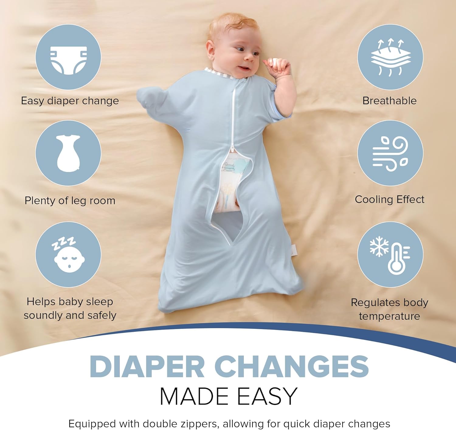 Skiennix Baby Sleep Swaddle - 2-Way Zipper Sleep Sack for Newborns (Honey Cream, Small 0-3M)