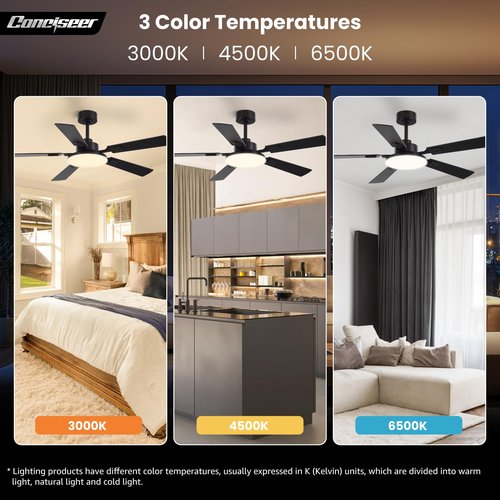 Conciseer 52 Inch Ceiling Fans with Lights and Remote for Bedroom Living Room Kitchen Office, Indoor/Outdoor Use, 5CCT Dimmable, 5 Blades, 6 Speed Reversible Quiet DC Motor, Black/Wood Grain