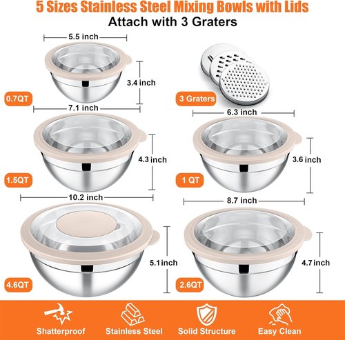 E-far Stainless Steel Mixing Bowls Set of 5 - Transparent Lids & 3 Graters for Kitchen Prep | Khaki