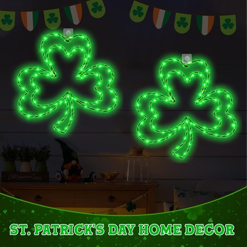 LAIAMER 2 Pcs Light Up Shamrock for Window, 13'' Shamrocks Windows Lights St Patricks Day Window Decor Shamrock Lights Battery Operated with Timer & 8 Modes, Clover Decor Green Light for St Patricks
