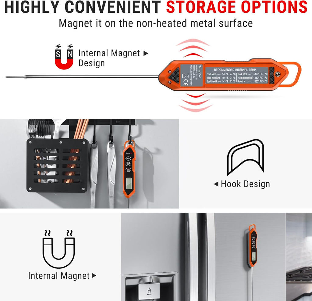 TempPro TP15H Waterproof Instant Read Meat Thermometer - Digital Cooking Thermometer with Backlight & Calibration | Perfect for BBQ, 10.47 x 1.16 x 0.69