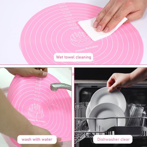 2Pcs Silicone Cake Mat,12 Inch Pink Round Baking Mat with Measurements Reusable Turntable Pastry Mats for Rolling Out Dough Cake Pizza and Cookies