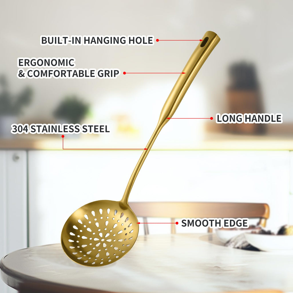 304 Stainless Steel Kitchen Cooking Utensils Set - 9 PCS Serving Utensils, Include Skimmer, Soup Ladle, Spaghetti Server, Wok Spatula, Slotted & Solid Spoon, Slotted Spatula Turner, Meat Fork (Gold）