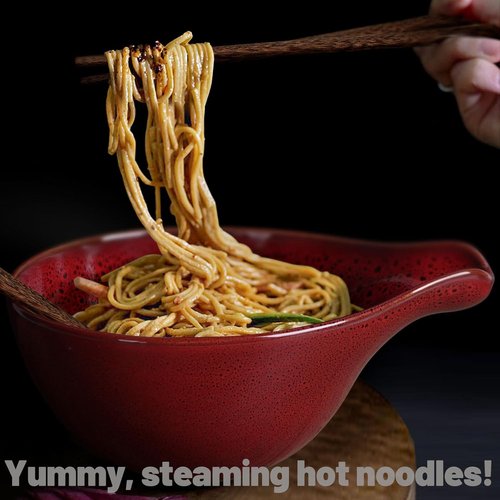 Artena Ramen Bowl Set - 42oz Ceramic Noodle Bowl with Chopsticks | Large Deep Soup & Salad Bowl in Red