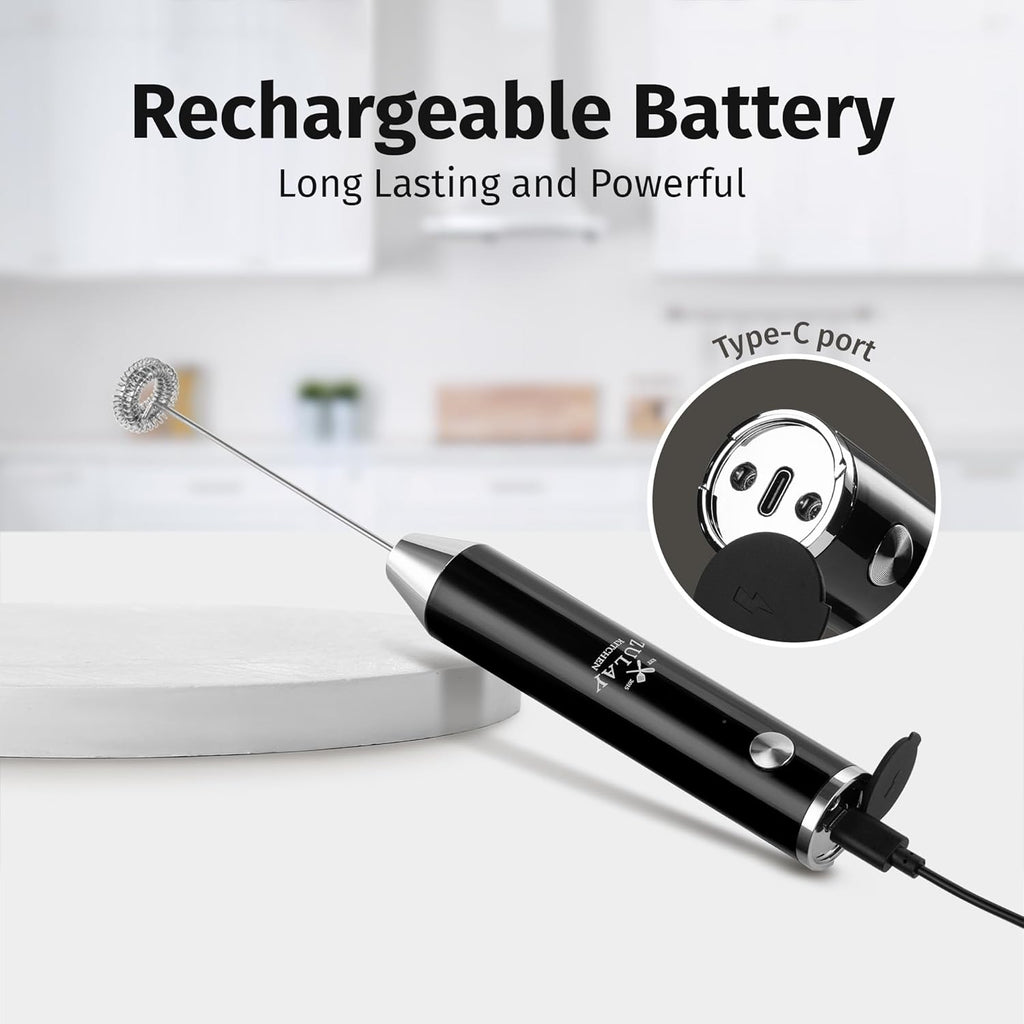 Zulay Kitchen Rechargeable Milk Frother - Powerful 2-Speed Motor, Waterproof, 2000mAh Battery | Perfect for Lattes, Cappuccinos, Matcha & Protein Drinks - Obsidian Black