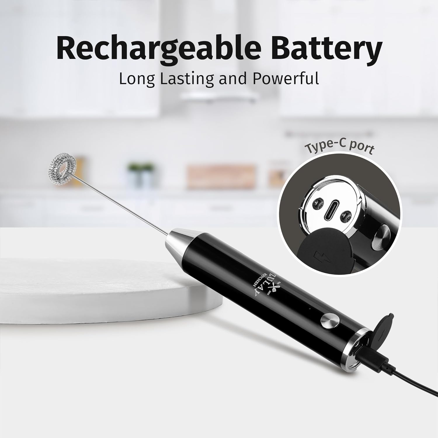 Zulay Kitchen Rechargeable Milk Frother - Powerful 2-Speed Motor, Waterproof, 2000mAh Battery | Perfect for Lattes, Cappuccinos, Matcha & Protein Drinks - Obsidian Black