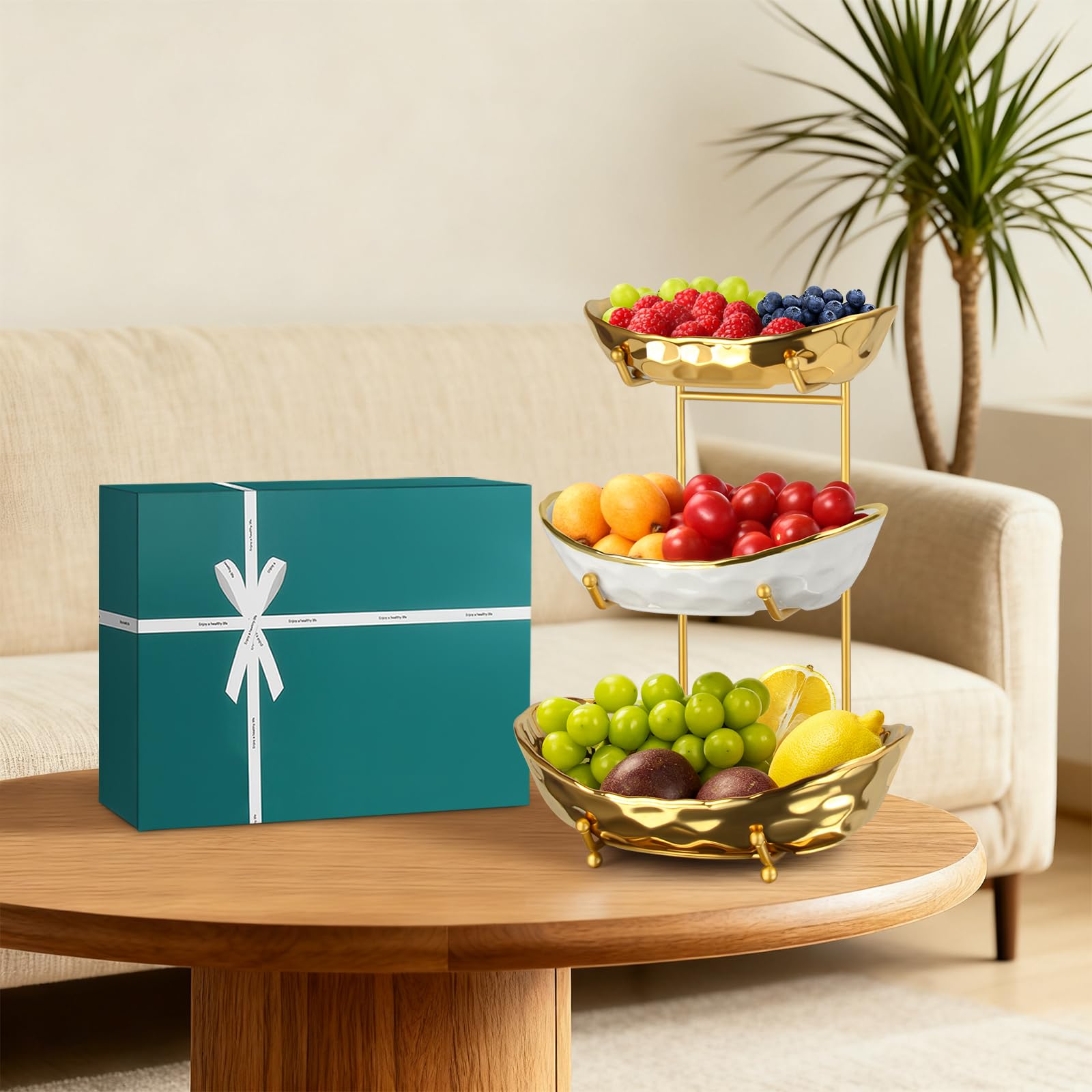 LIJINGCHEN 3 Tier Fruit Basket for Kitchen Counter, Modern Ceramic Fruit Bowl with Gold Metal Stand, Tiered Fruit Tray for Countertop, Snacks, Nuts, Cakes, Desserts, Candy
