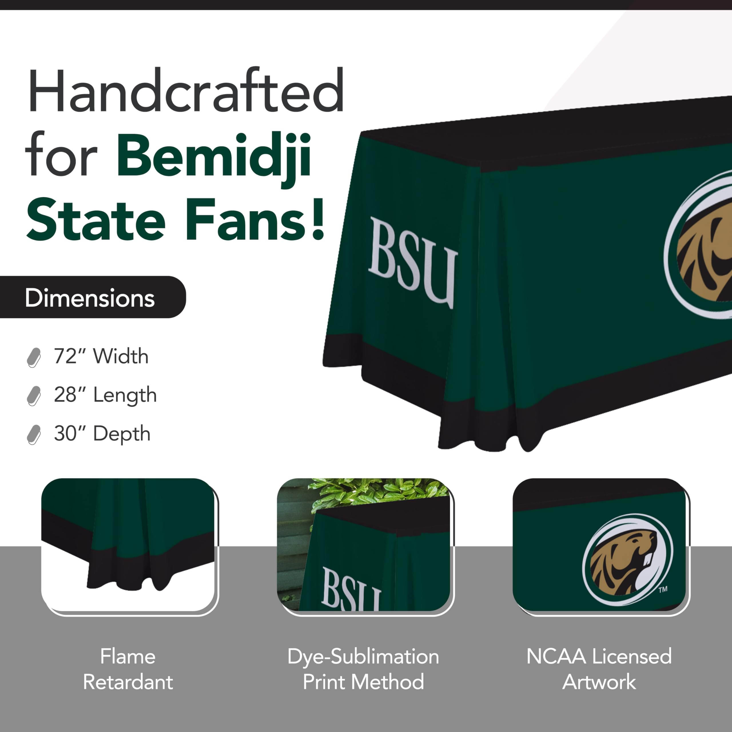Victory Corps Bemidji State Beavers College Sports Printed Table Throw - NCAA Licensed - Polyester - School Tablecloth (Green, Black) (6' Draped)