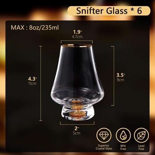 DUJUST Snifter Glasses Set of 6 (8oz), Crystal Whiskey Glasses with 24K Gold Leaf Flakes, Luxury Tasting Glasses for Brandy/Cognac/Bourbon/Tequila/Scotch, BPA-Free & Lead-Free