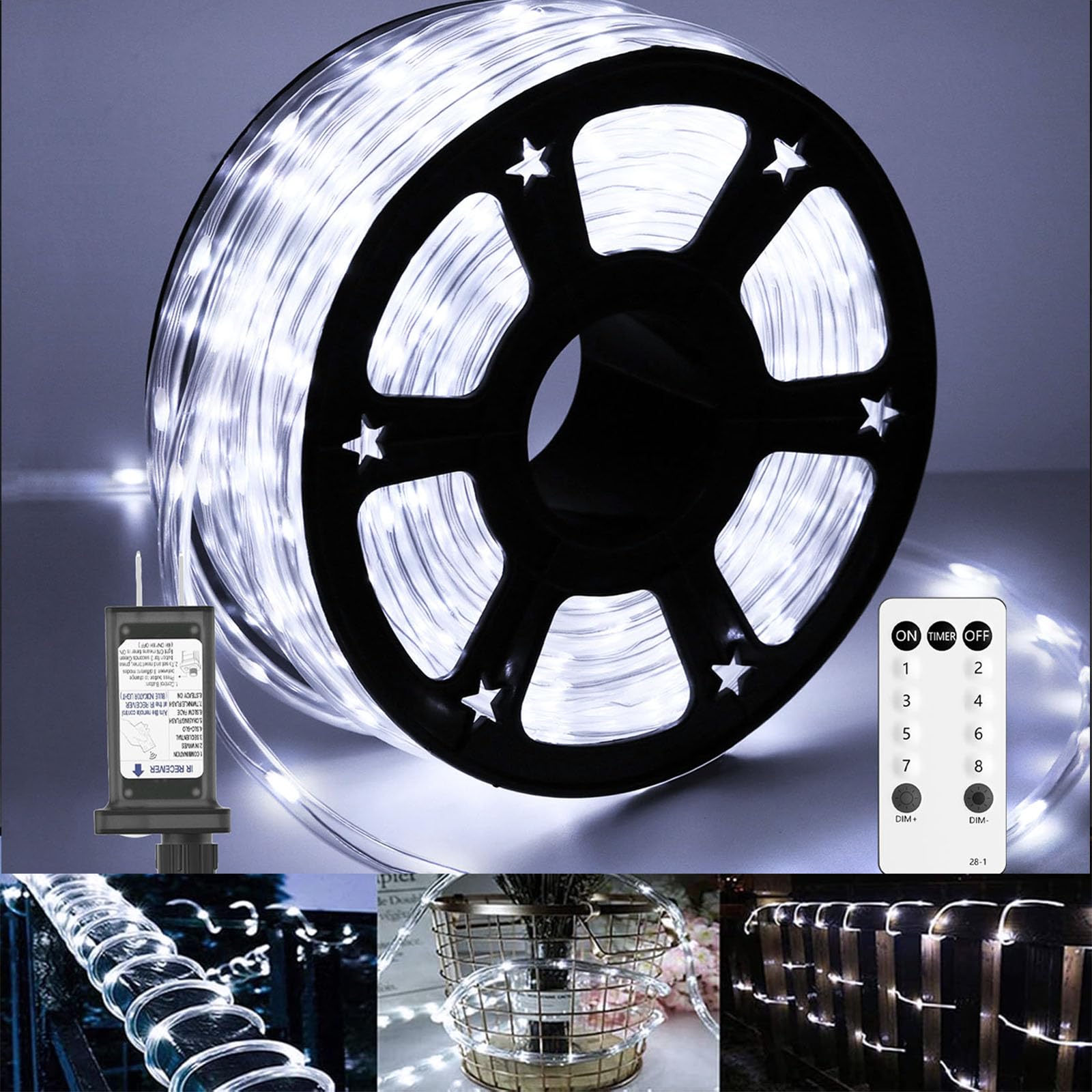 Soiarllt 100Ft 720 LED Rope Lights Outdoor Waterproof with Remote, 8 Modes and 4 Brightness Rope Lights for Outside, Garden, Patio, Pool, Bedroom, Party, Indoor Outdoor Decoration (Cool White)