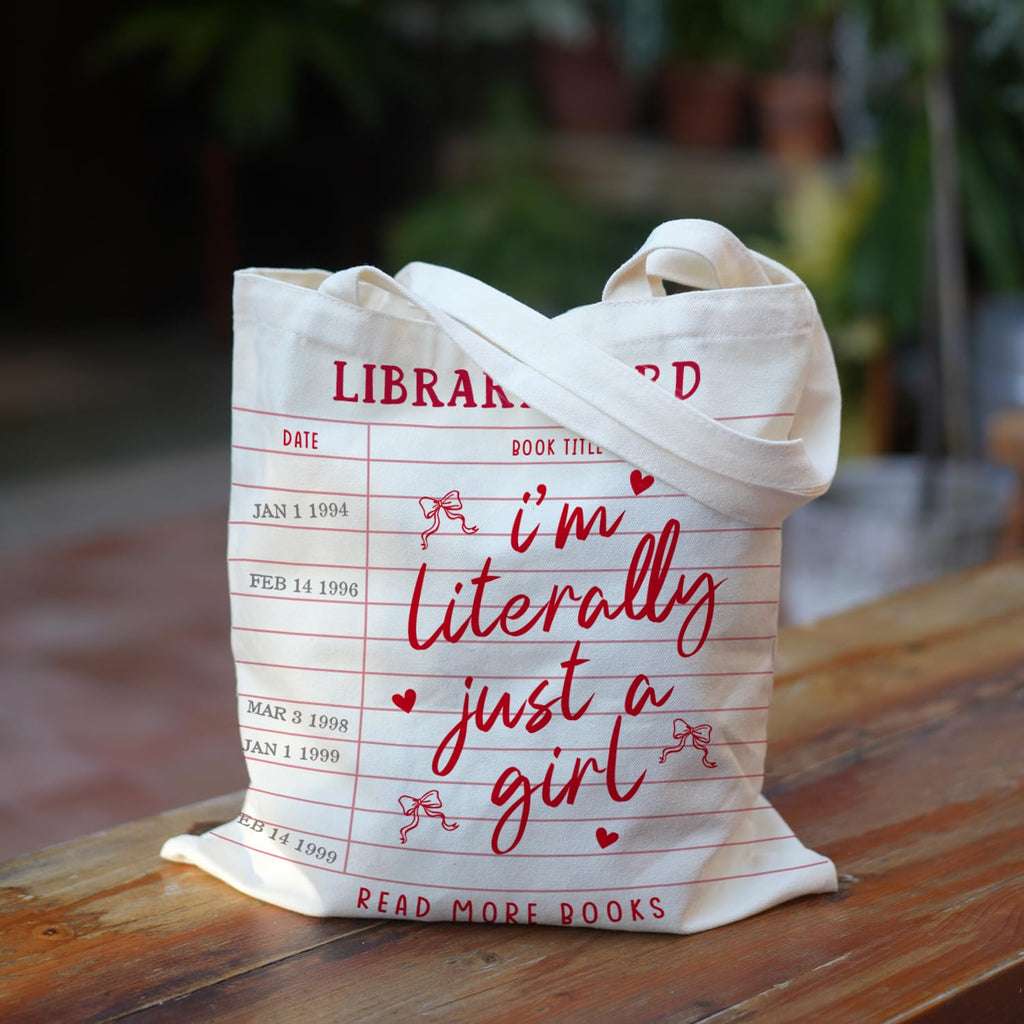 Puuonnnnno Library Card Canvas Tote Bag Gifts for Book Lovers - Christmas Gifts for Book Lovers, Librarian, Bookish, Readers - I’m Literally Just a Girl