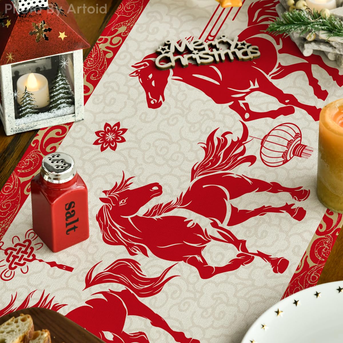 Artoid Mode Propitious Clouds Chinese Zodiac Horse Happy 2026 Lunar New Year Table Runner, Spring Festival Winter Kitchen Dining Table Decoration for Home Party 13x72 Inch