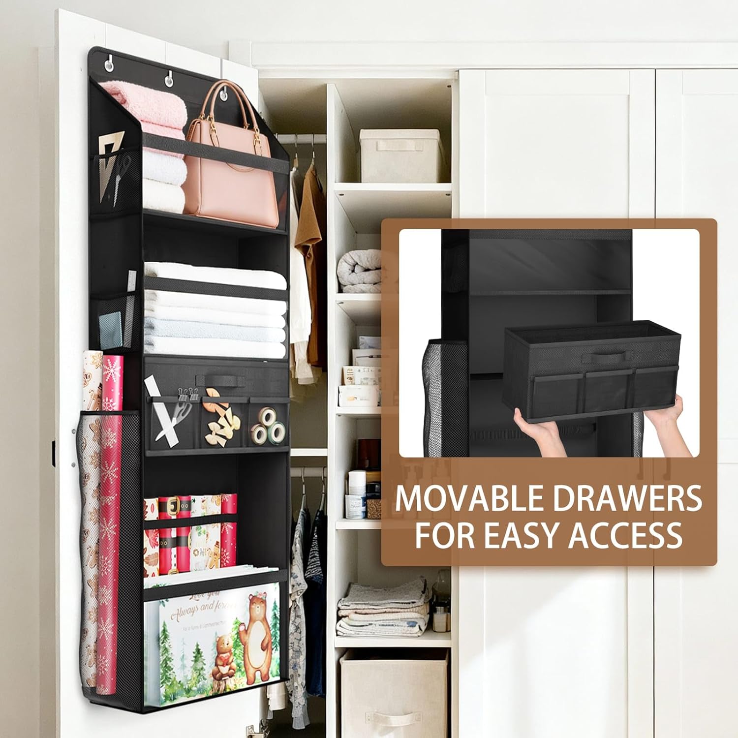 Skiennix Over Door Wrapping Paper Organizer - Multi-Purpose Storage with Removable Drawer & Pockets
