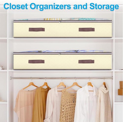 Budding Joy 90L Underbed Storage Containers - Large Capacity Foldable Bins with Clear Window | Beige 6-Pack