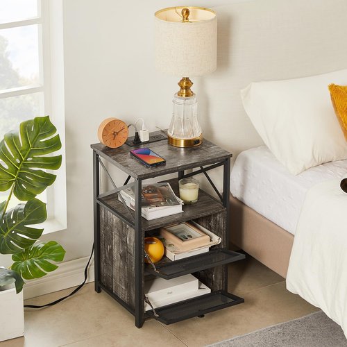 VECELO Oak Gray End Table with USB Ports and Outlets,24 Inch Nightstands with Charging Station and Storage Shelf for Bedroom,Living Room, 2 Set