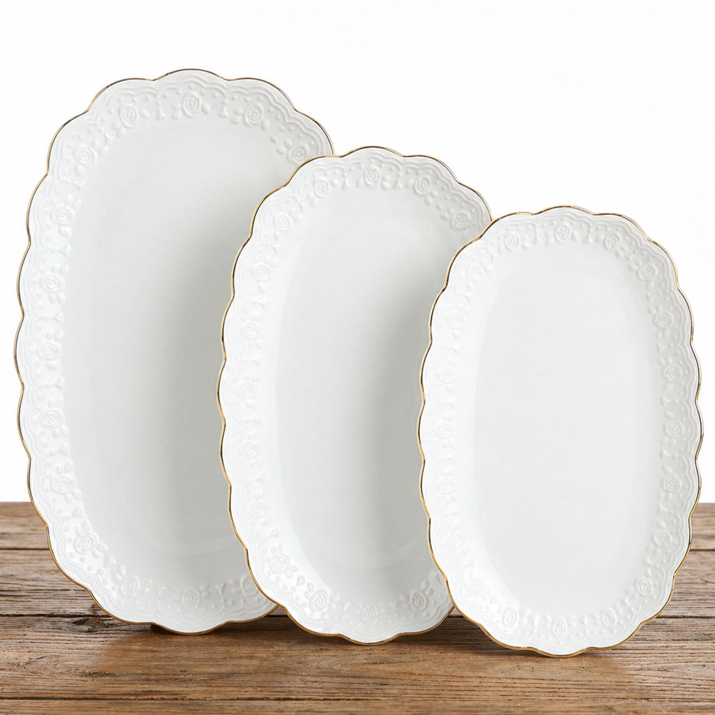 Kassel Ceramic Serving Platter Set | 16”/14”/12” Oval Serving Trays for Entertaining at Parties and Weddings | Oven Safe Extra Large Serving Trays for Tacos, Steak, and Cake