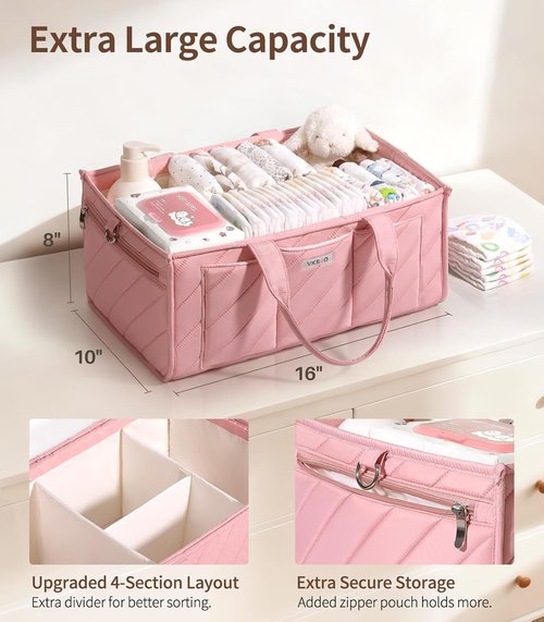 Diaper Caddy Organizer by Extra Large - Water-Resistant Nursery Storage Basket with Zipper Pocket & Shoulder Strap | Perfect for Twins, Blush Pink