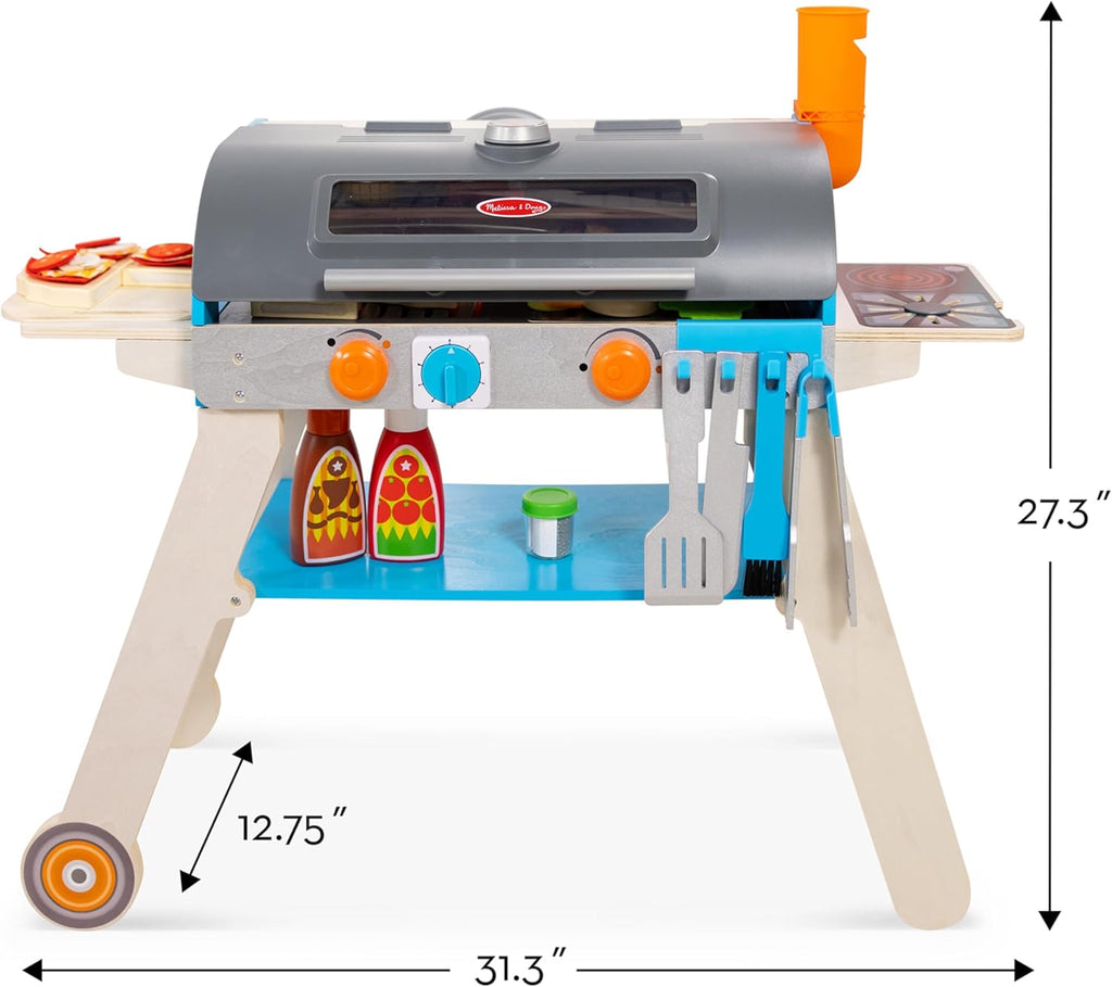 Melissa & Doug Deluxe Wooden Barbecue Grill & Smoker | Kids Play Kitchen Set with Toy Food - FSC Certified