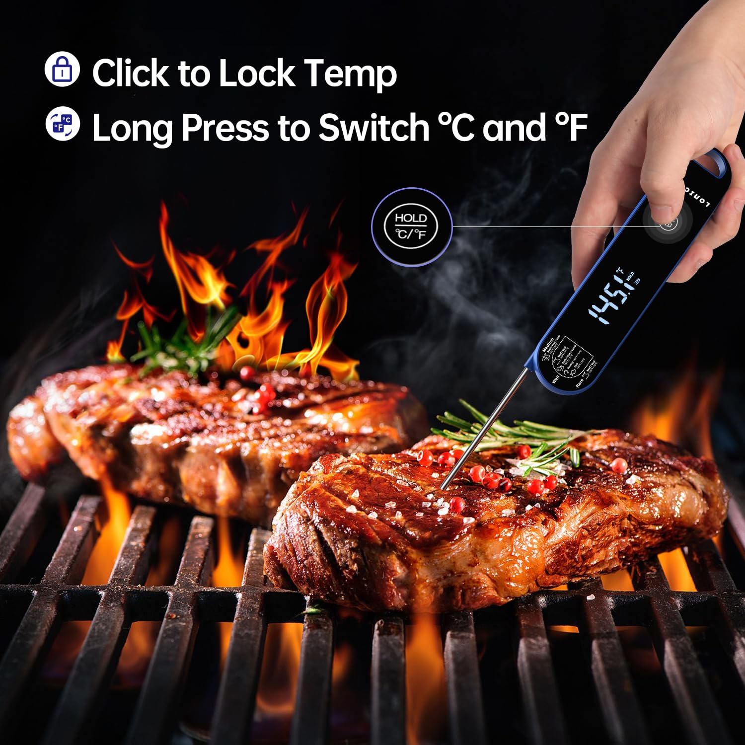 Lonicera Professional Meat Thermometer for Cooking. Instant Read Less Than 0.6 Sec, ±0.5℉ Accuracy with Thermocouple Tech. IP67 Waterproof Design, Ambidextrous VA Display, Auto Wake up (Blueberry)