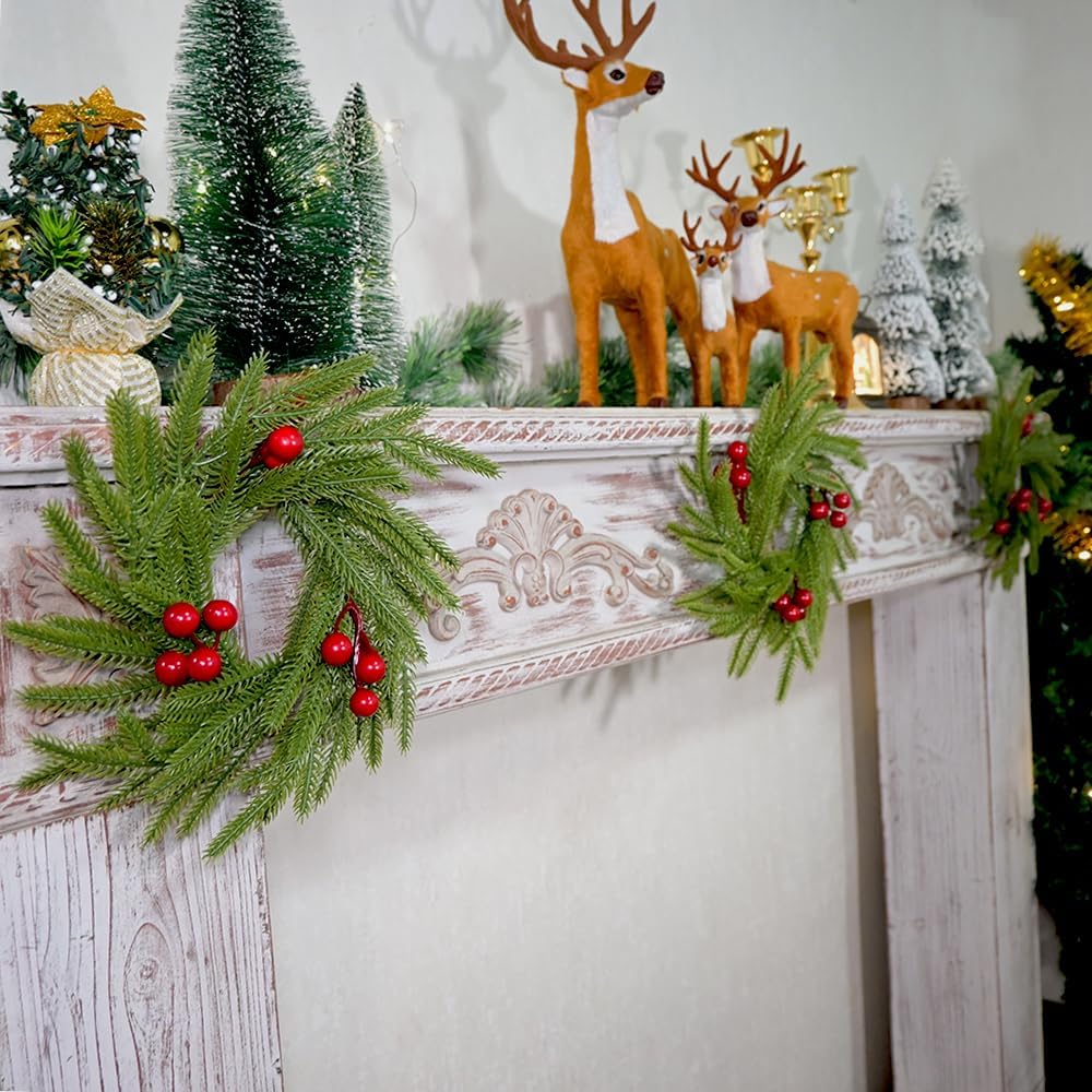 Norfolk Pine Candle Rings - 3Pcs Artificial Wreaths with Red Berry Accents | Festive Table Centerpieces