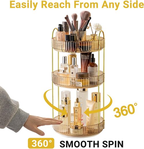 Asayuee 360 Rotating Makeup Organizer - Large 3-Tier Storage for Skincare & Cosmetics | Gold Finish