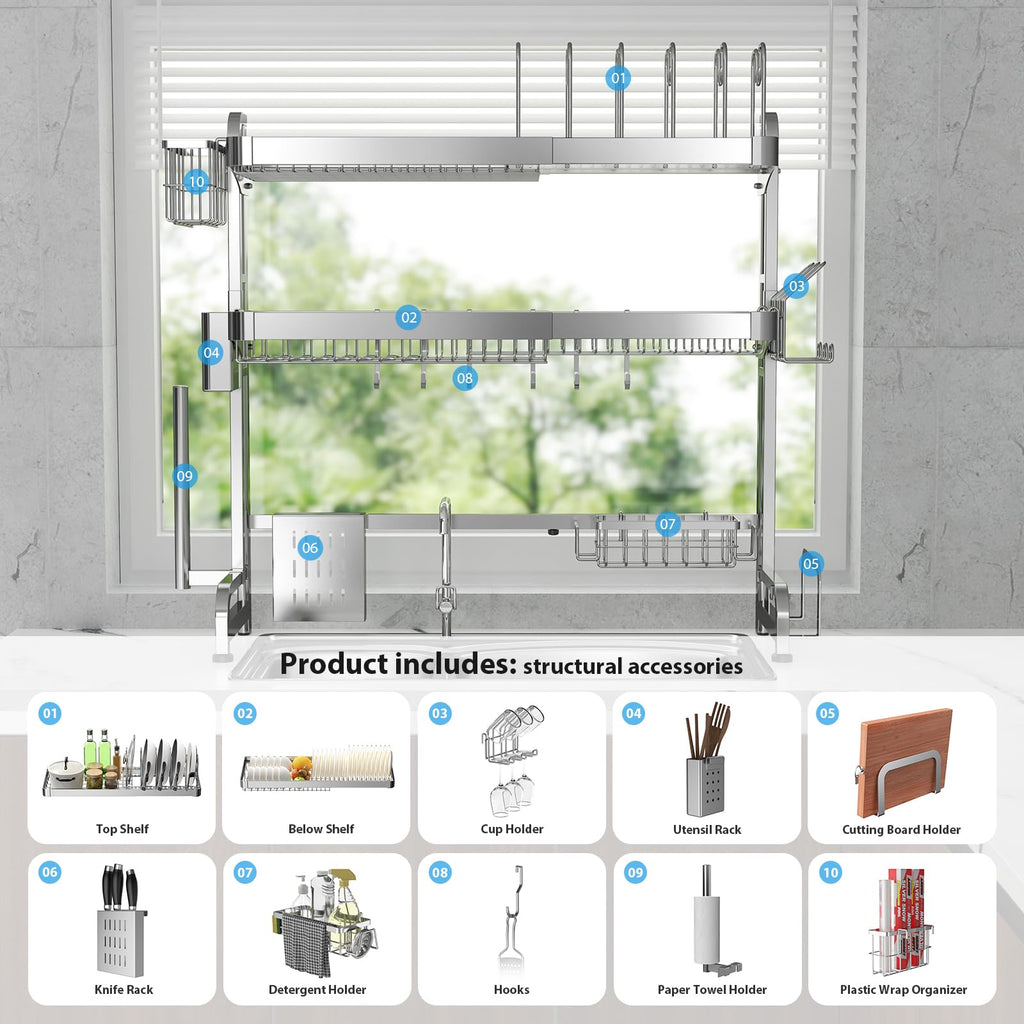 Shrivee Over The Sink Dish Drainer Drying Rack, Full Stainless Steel 3-Tier Adjustable Length Over Sink Dish Drying Rack, Large Capacity Dish Rack Over Sink for Kitchen Counter, Pots & Pans Rack