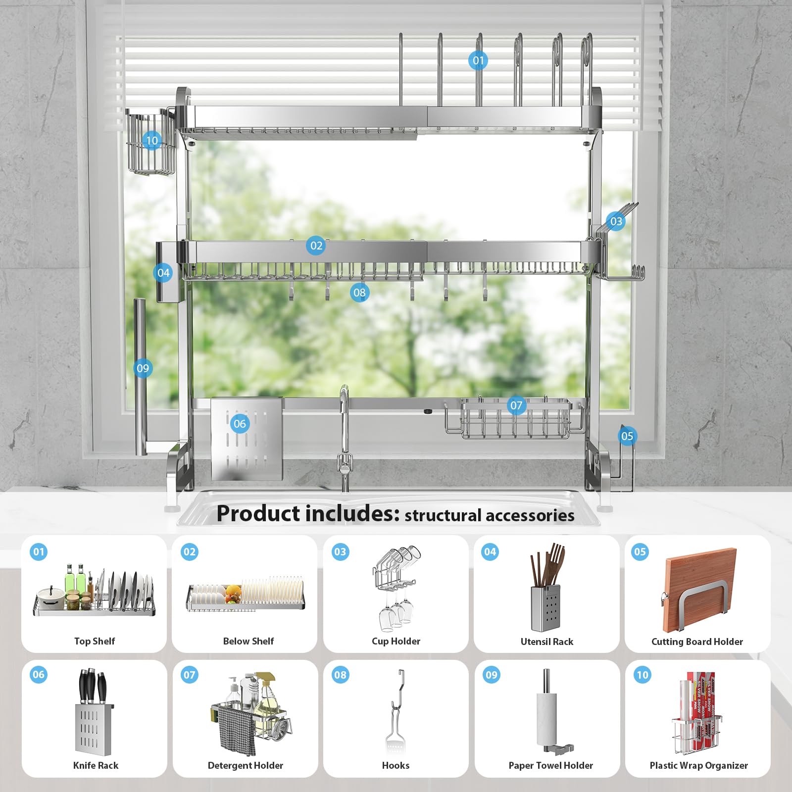 Shrivee Over The Sink Dish Drainer Drying Rack, Full Stainless Steel 3-Tier Adjustable Length Over Sink Dish Drying Rack, Large Capacity Dish Rack Over Sink for Kitchen Counter, Pots & Pans Rack