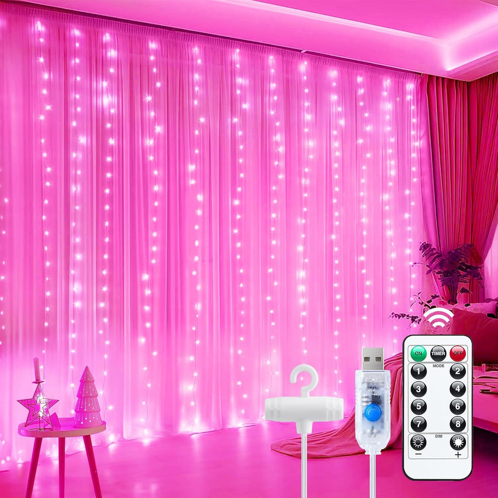 Minetom 300 LED Curtain Lights - Dimmable Fairy String Lights with Remote & Timer | Pink Indoor Decor