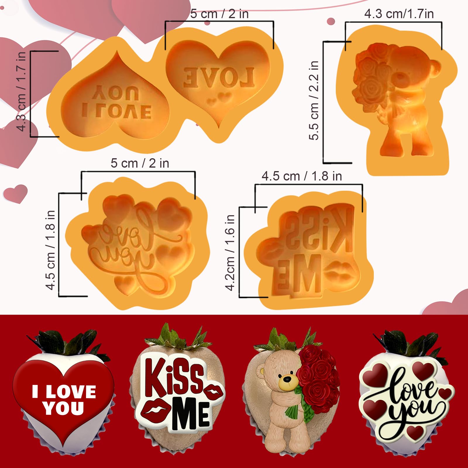 Valentines Day Silicone Molds – 4- Piece Set with Bear, Hearts & Love Phrases | Silicone Valentines Molds for Chocolate, candy, Fondant, Resin, perfect size for chocolate covered strawberries.