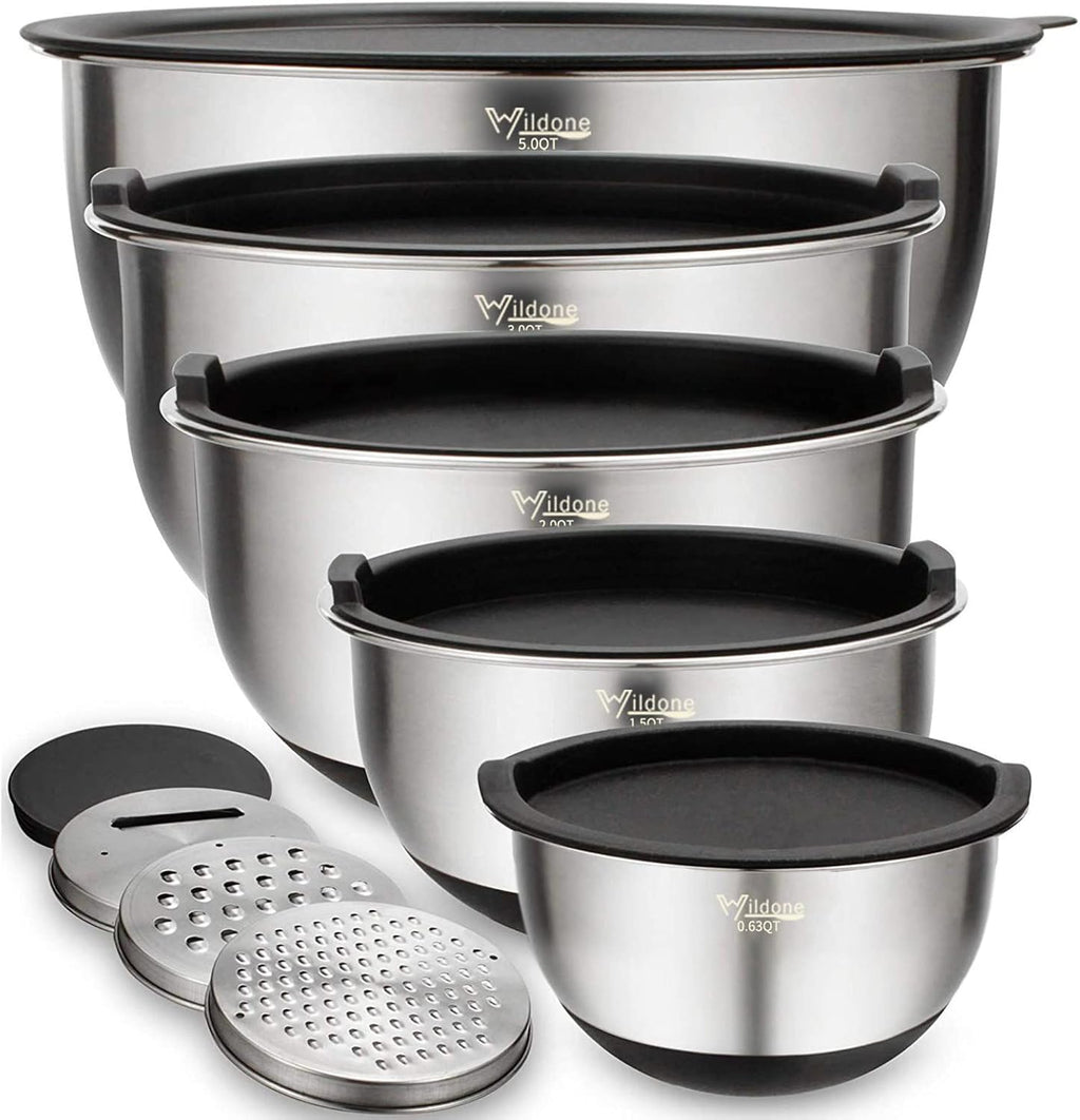 Wildone Mixing Bowls Set - 5PCS Stainless Steel Nesting Bowls with Airtight Lids & Grater Attachments | Non-Slip Bottoms, 0.63 to 5 QT