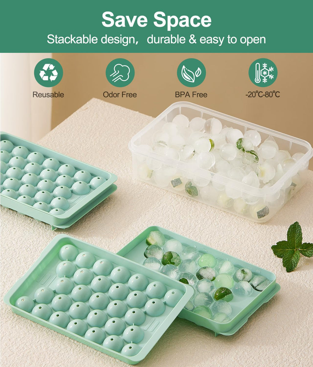 Round Ice Cube Trays with Lid and Bin (2-Pack) - Ice Trays for Freezer,BPA-Free Stackable Ice Ball Maker Mold for Freezer, Makes 62 Ice Balls for Cocktails, Whiskey, Coffee & Parties