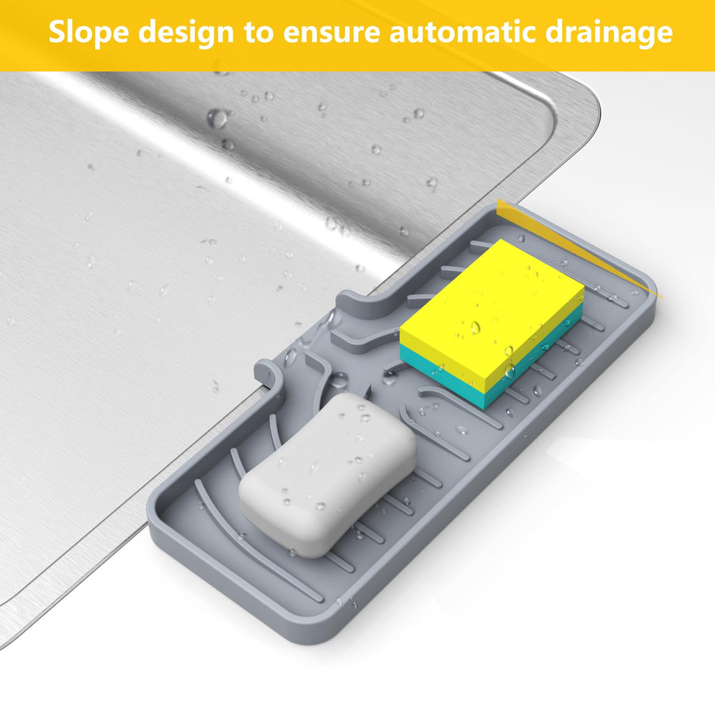 JOOKKI Sponge Holder for Kitchen Sink, Soap Tray for Sink & Counter, 9.8"×4.9" Soap Dish Mat, Silicone with Drain, Perfect for Kitchen, Scrubber, Bottle, Cup (Gray)