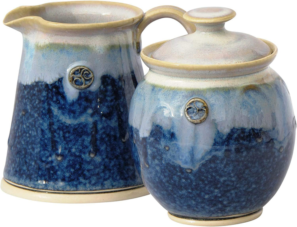Castle Arch Pottery Ireland Irish Pottery Sugar and Creamer Set in Green 10oz Hand-Thrown & Glazed, Blue Celtic Spiral Motif - Handcrafted In Ireland - Lead & Cadmium Free, Irish Gifts Men & Women