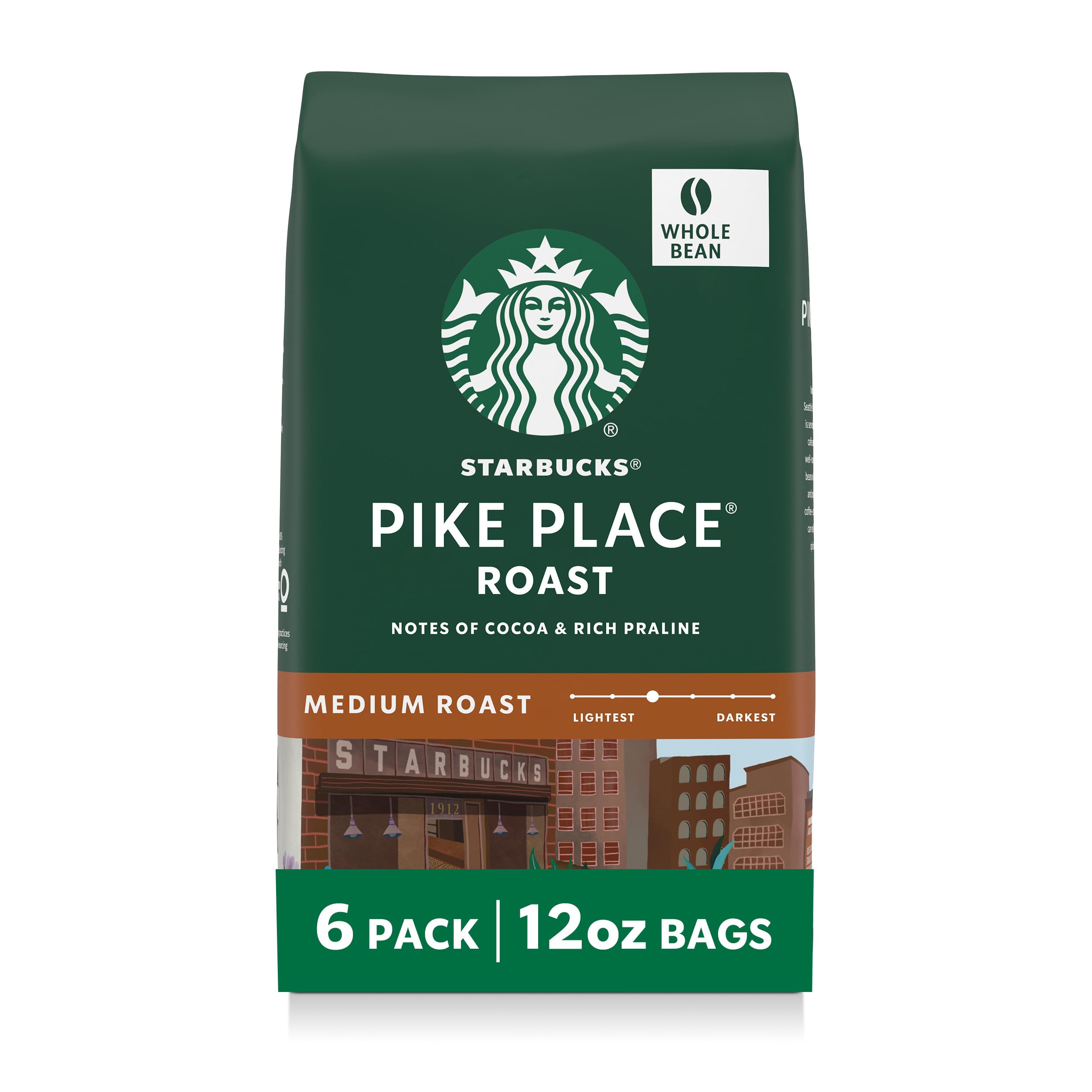 Starbucks Whole Coffee Beans, Medium Roast Hot or Iced Coffee, Pike Place Roast, Six 12 oz Bags