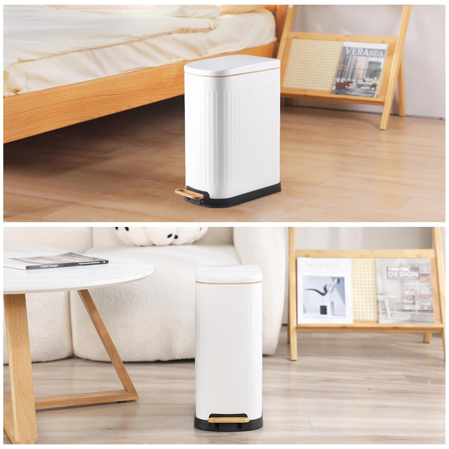 SYNCVIBE Slim Bathroom Trash Can - Soft Close Lid & Removable Inner Bucket | 3.5 Gallons, Matte White